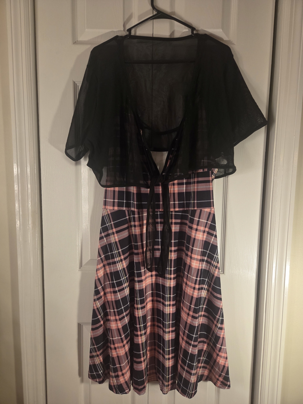 Pink Plaid Midi Dress with Black Sheer Bolero